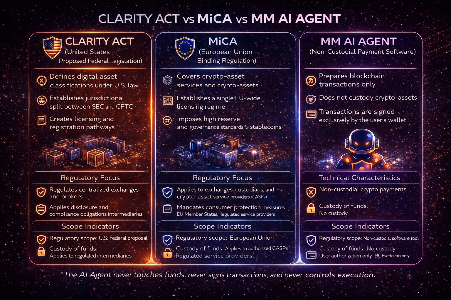 CLARITY Act vs MiCA vs MM AI Agent